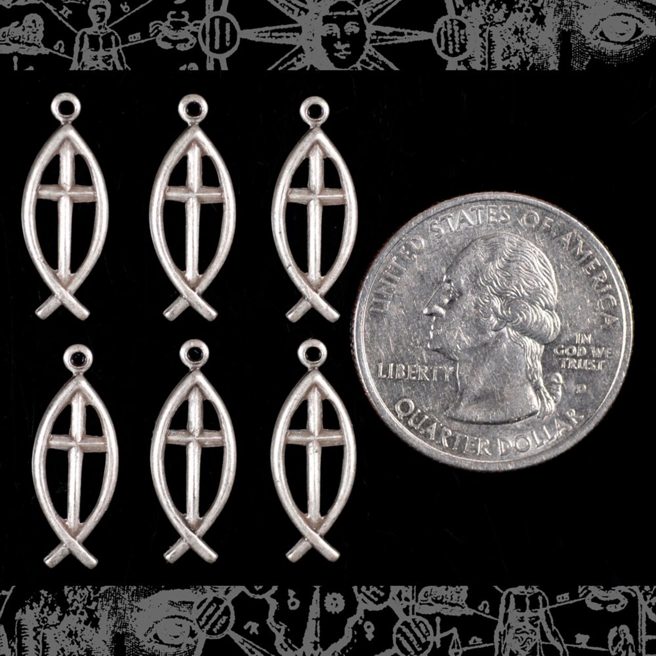 Antiqued Silver Plated Brass Fisherman's Christian Cross Charms - Set of Six - S-C140